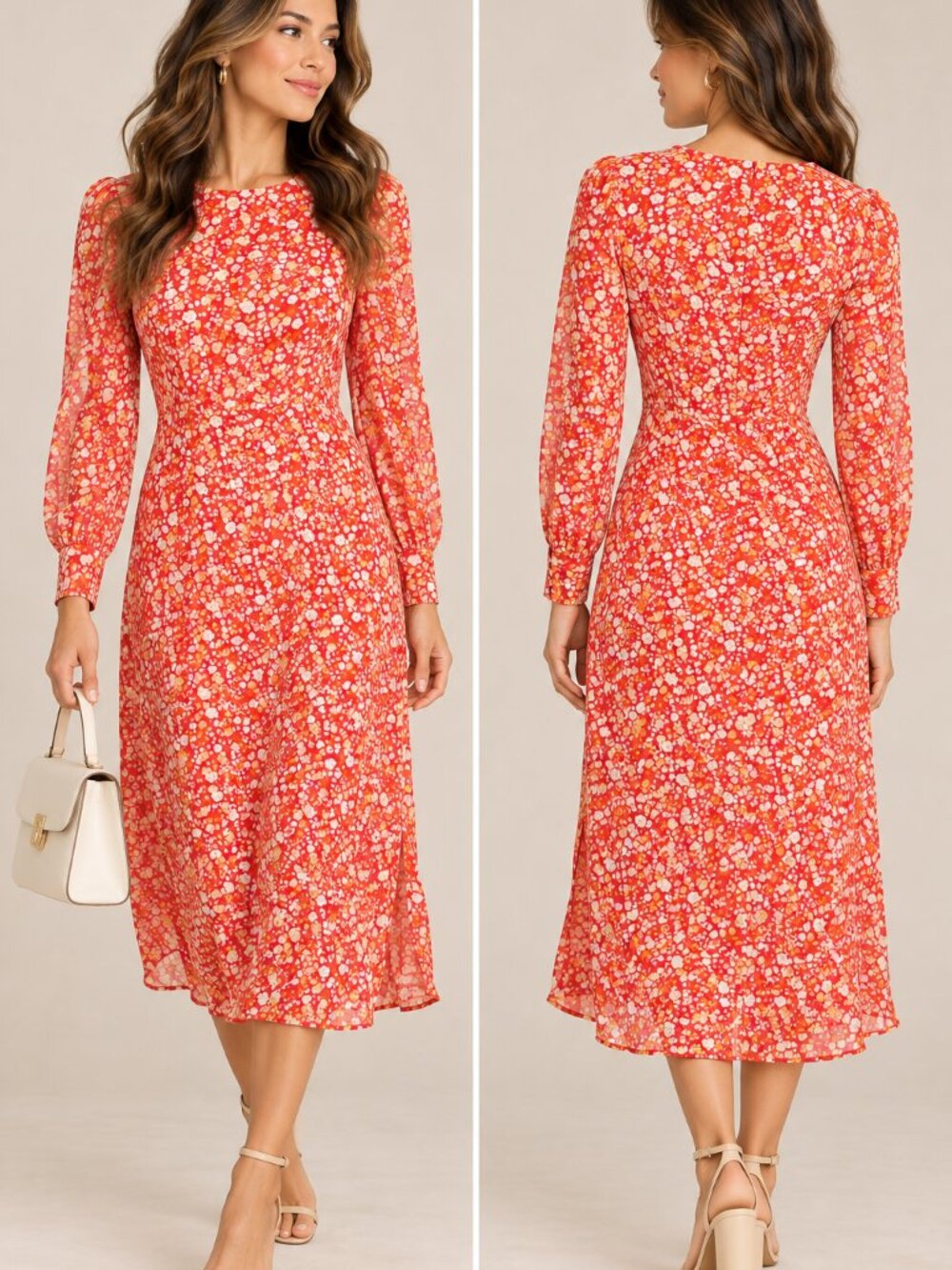 Lulus Red Orange Ditsy Floral Long Sleeve Midi Dress Size S